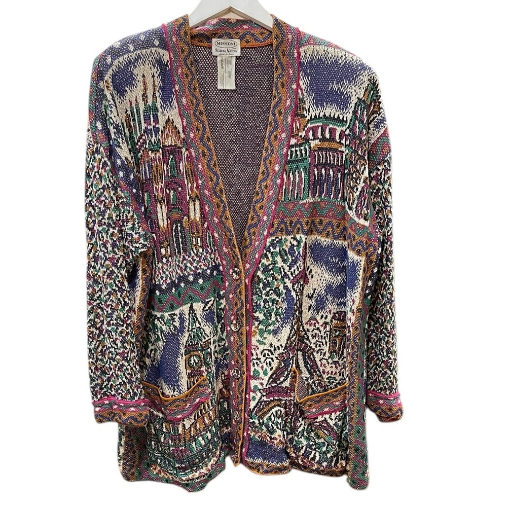 Vintage Missoni Colorful Scenic Architectural Print Cardigan Sweater SZ XL